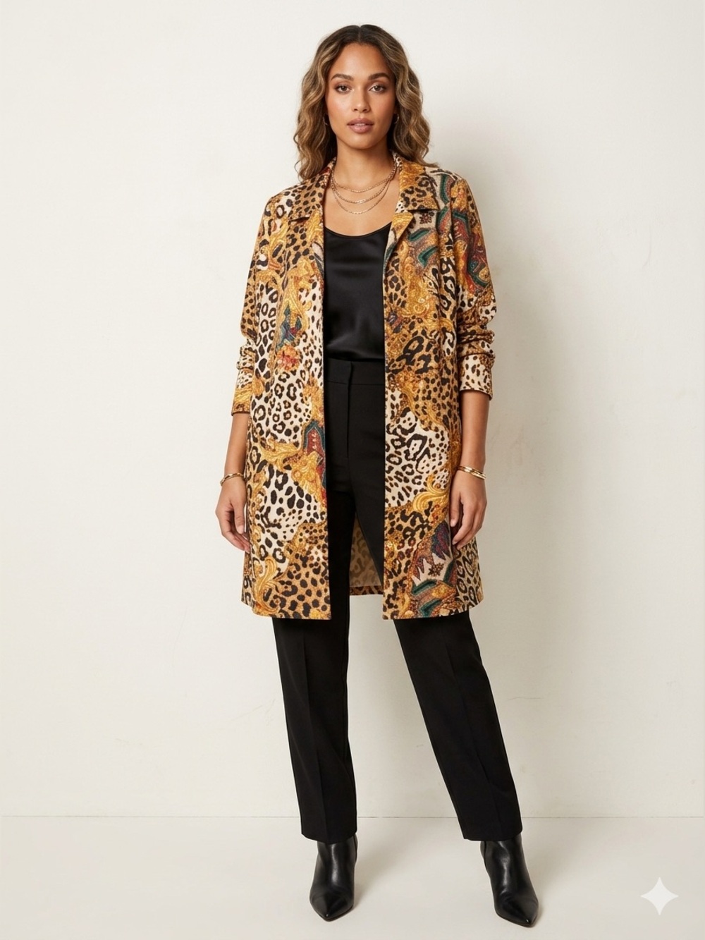 IMAN Leopard & Paisley Open-Front Long Blazer - Mustard Multi
